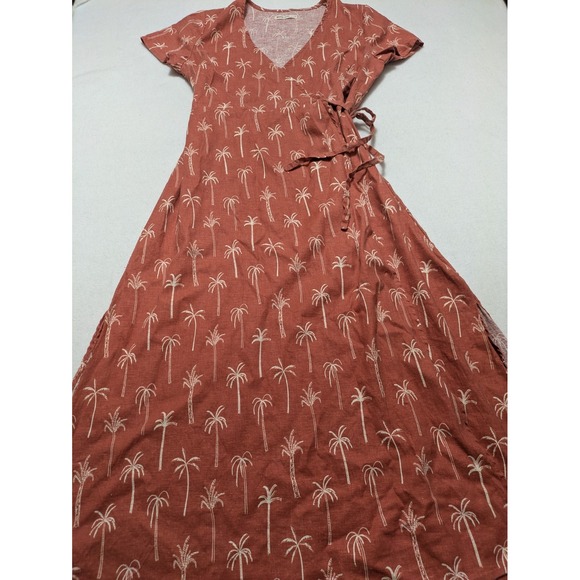 Marine Layer Hemp Burnt‎ Orange Short Sleeve Palm Tree Midi Wrap Dress Small - Picture 8 of 14
